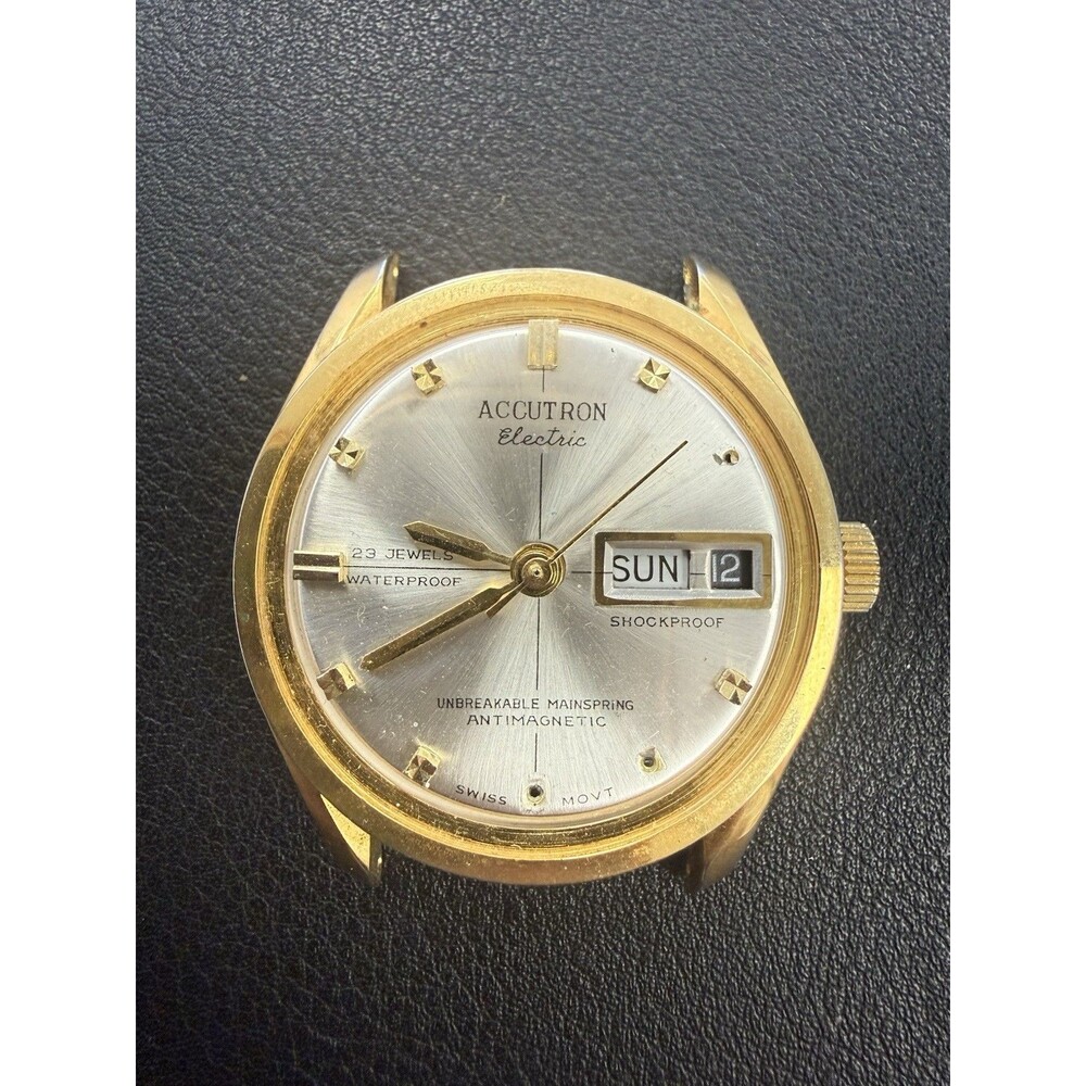 Vintage Accutron Electric 23 Jewel Swiss Day Date Men’s Watch Gold Tone AS-IS